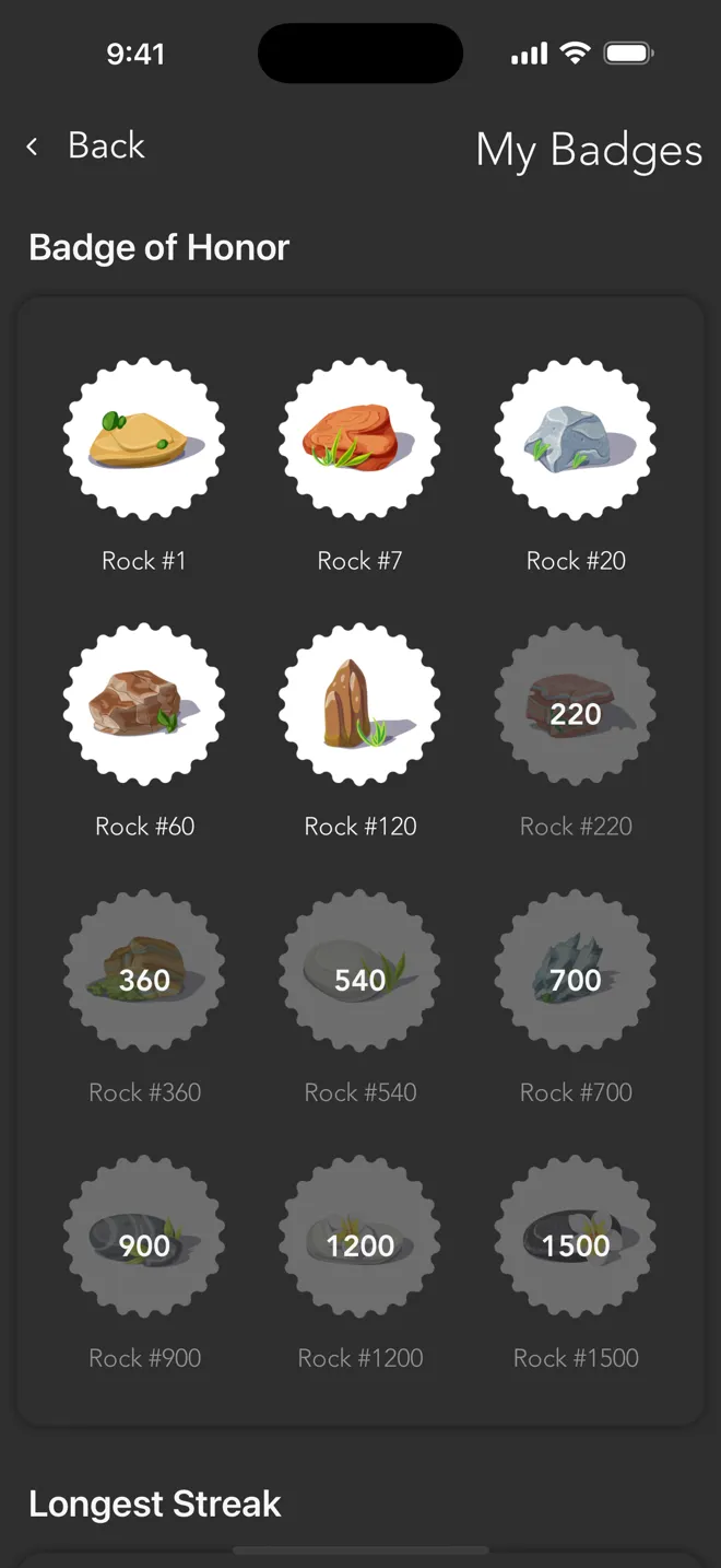 My Badges screen in the Rock app with the rock badges that you earn as you train