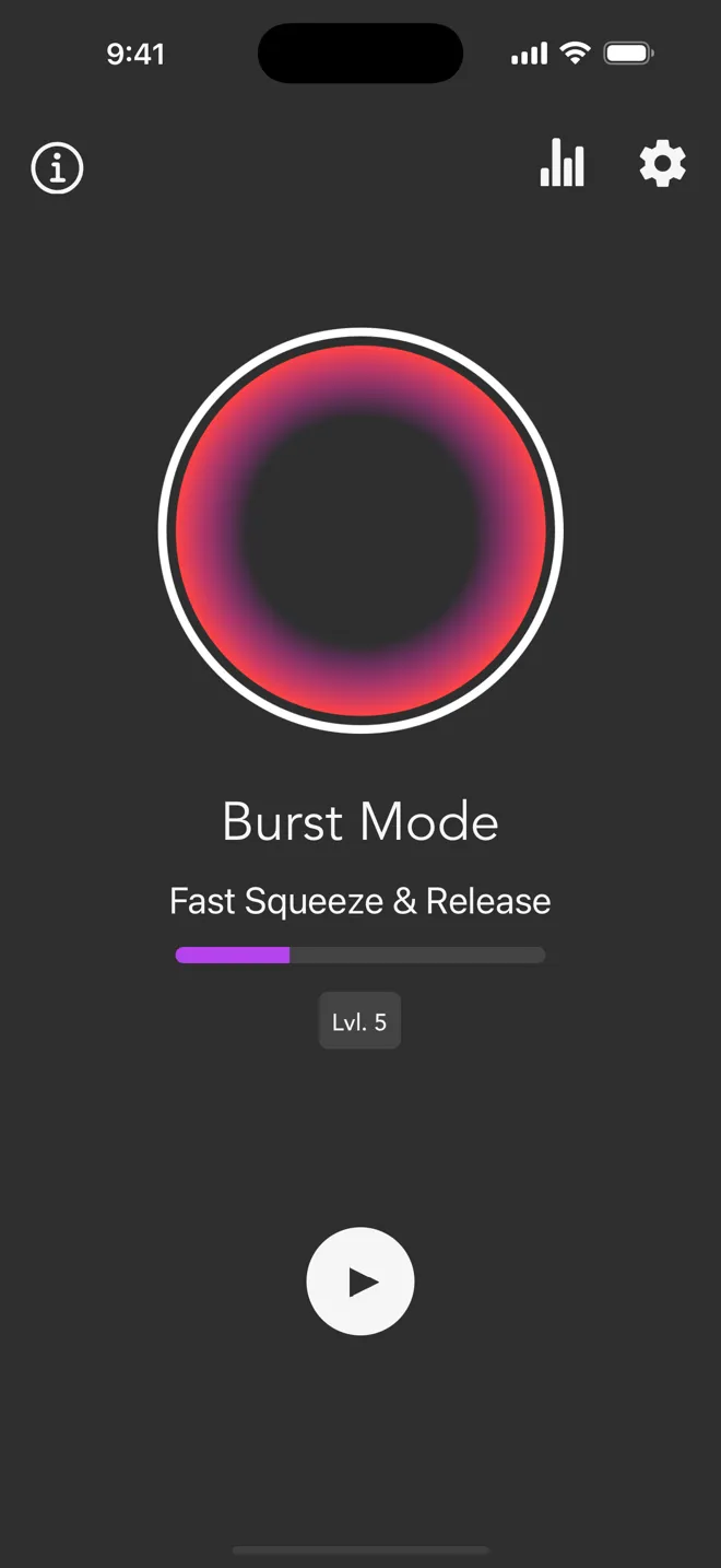 Main screen of the Rock app in Burst Mode, with the level bar and the play button